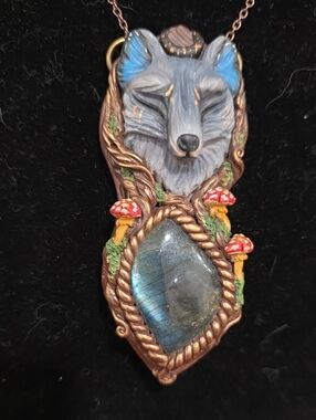 Polymer Clay Wolf Pendant Necklace With Labradorite - Handcrafted